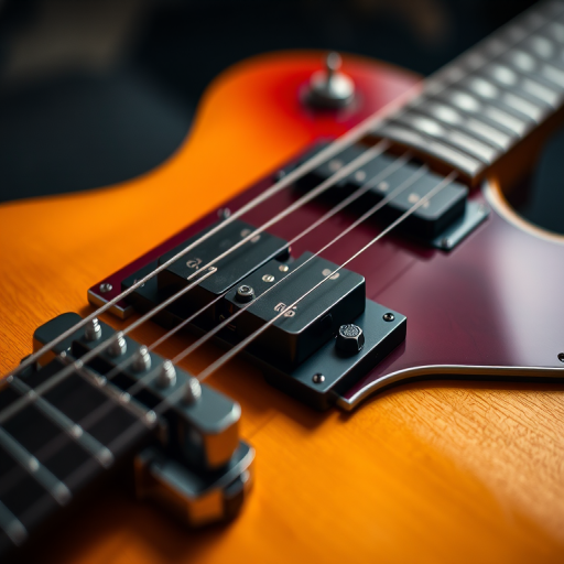Capture a close-up shot of an electric guitar with a focus on the body and bridge, using a Canon EOS R with a 50mm lens, aperture f/1.8, ISO 100, and a focal length of 50mm for sharp detail and a blurred background.