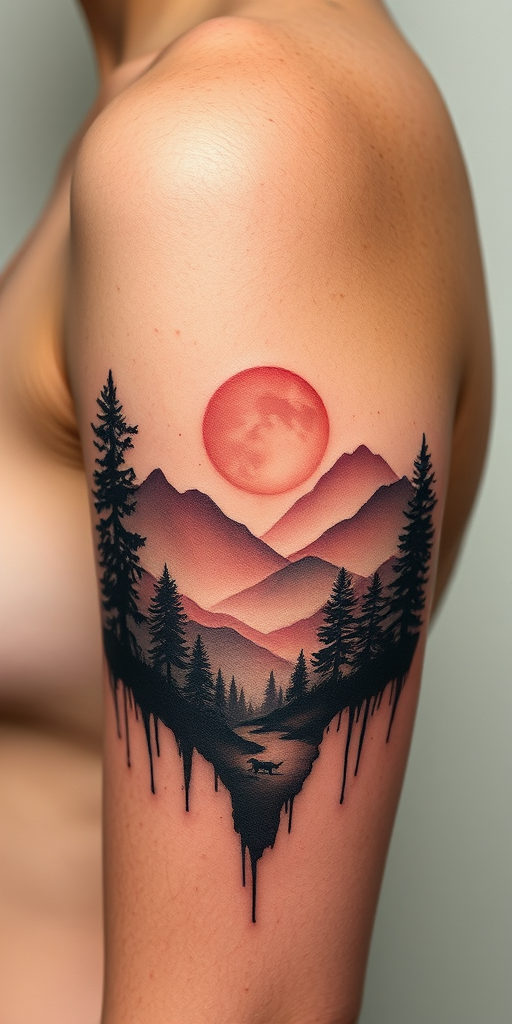 Ethereal negative space tattoo called "Whispers of Nature" utilizing the natural skin tone as a key element in the design depicting silhouettes of trees mountains and wildlife emerging from strategically placed ink creating the illusion of a landscape or scene revealed through gaps in the tattooed areas incorporating subtle shading and dot work to enhance depth and dimension within the negative spaces