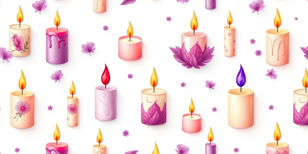 Create a seamless pattern of various candle designs on a white background, with some candles featuring purple elements, captured with a high-quality DSLR camera at 50mm lens, f/8 aperture, ISO 100, top-down view, in vector style for enhanced image clarity and detail.