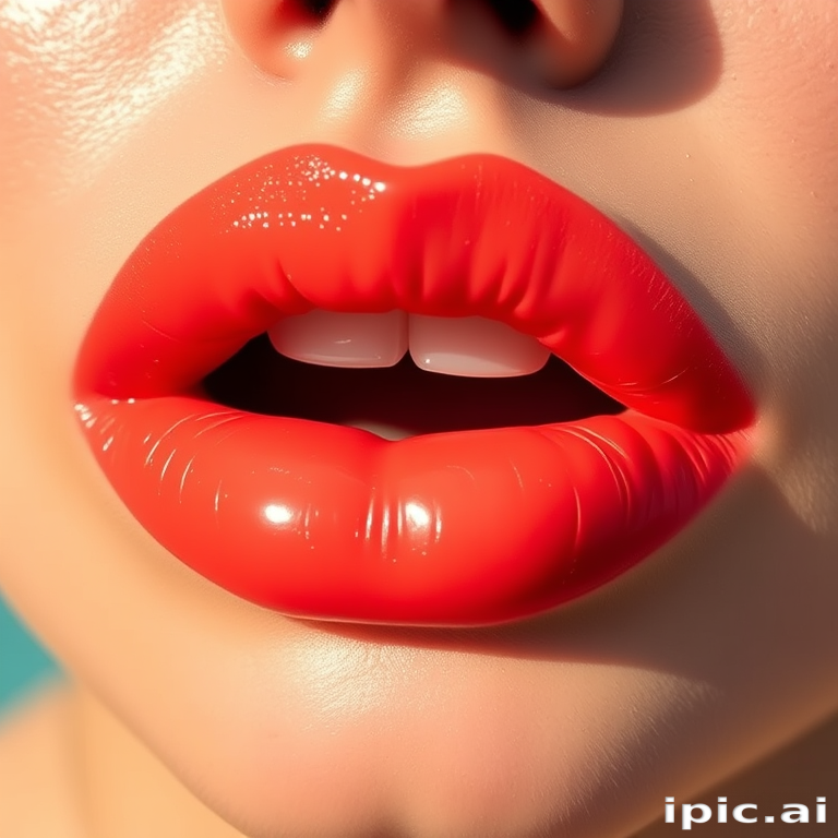 Vibrant coral lips with a glossy finish, showcasing a plump and voluminous appearance, featuring subtle ombre effects and a hint of shimmer, perfect for a summer beach look