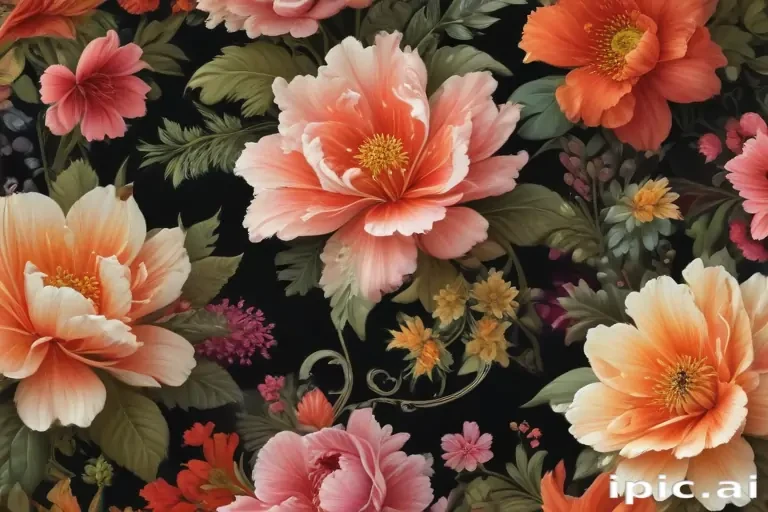 Vibrant Floral Pattern Featuring Lush Blooms on a Dark Background