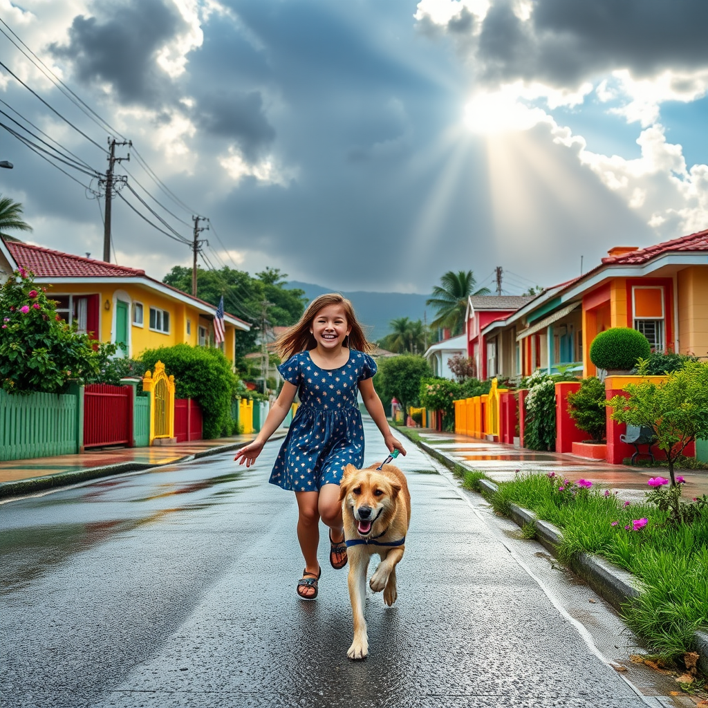 a vibrant street scene depicting two girls laughing and running in the rain with a dog, colorful houses lining the street, lush greenery and flowers, dramatic sky with sunlight breaking through clouds, captured with a DSLR camera, 50mm lens, f/2.8 aperture, ISO 100, high dynamic range, natural lighting