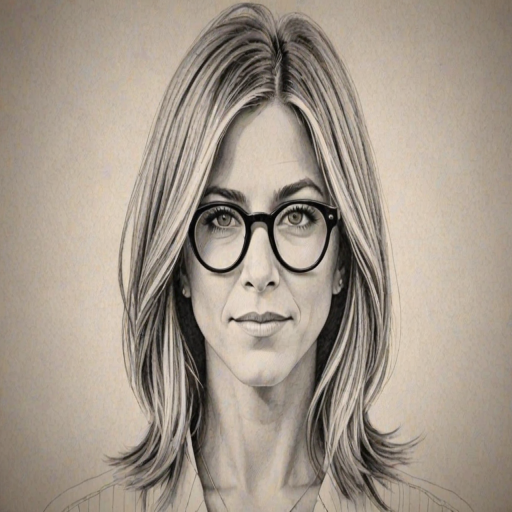 Sublime Jennifer Aniston, pencil sketch, portrait of Splendid woman 1929s in glasses, hair style beatnik, outline, clear lines, fine lines, 8k