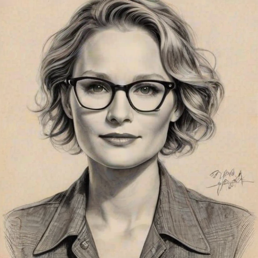 Fascinating Jennifer Nettles, pencil sketch, portrait of Enchanting woman 1934s in glasses, hair style beatnik, outline, clear lines, fine lines, 8k