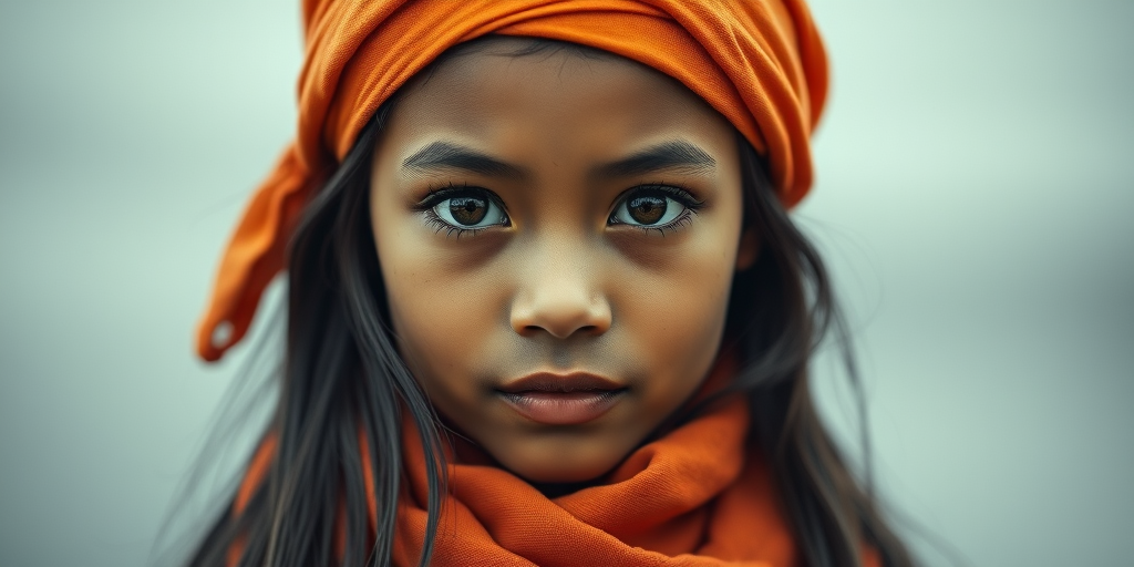 Create a portrait of a young Pacific Islander female with long, dark hair and captivating hazel eyes. She is wearing a orange headscarf and a matching scarf draped gracefully around her neck. The background is softly blurred, focusing attention on her serene and natural expression. The overall color palette is muted and warm, enhancing the intimate and authentic feel of the portrait.