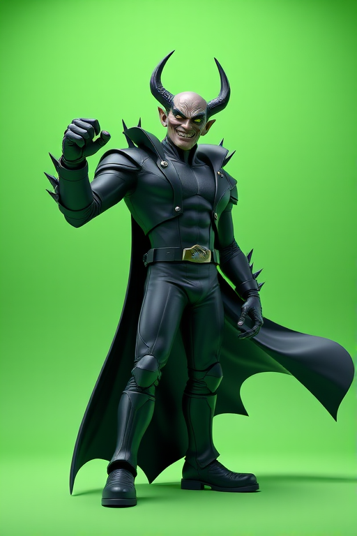 Generate a dynamic 3D character image of a villainous figure in a sleek black outfit with spikes and a flowing cape, standing triumphantly with an exaggerated expression on a vibrant green gradient background, shot with a Canon EOS R5, 50mm lens, f/1.8 aperture, ISO 100, 1/200 sec shutter speed in a dramatic low-angle view for enhanced depth and detail.