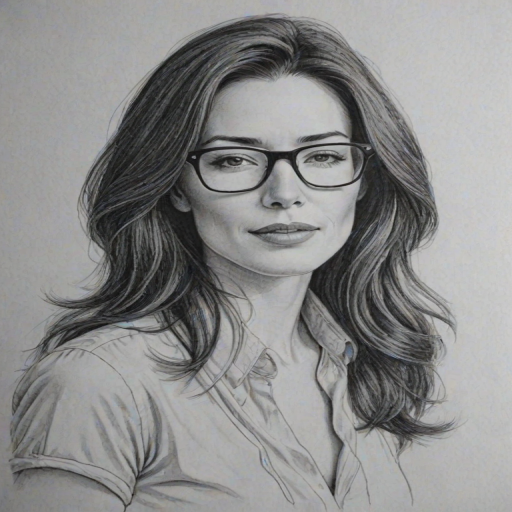 Gorgeous Jaime Murray, pencil sketch, portrait of Wonderful woman 1975s in glasses, hair style beatnik, outline, clear lines, fine lines, 8k