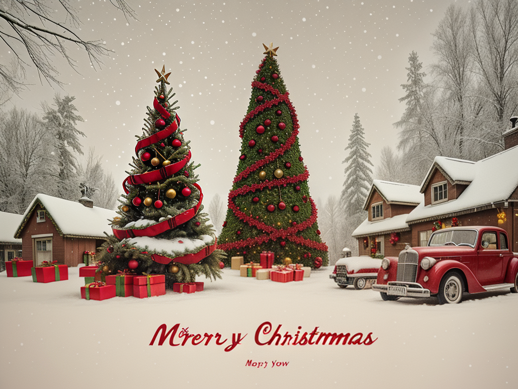 Charming Winter Scene with Festive Christmas Trees and Cozy Cabin Decor