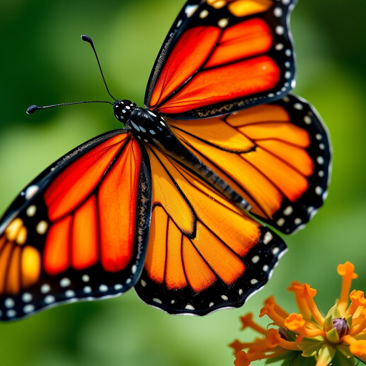 Capture a close-up of a Monarch butterfly in vibrant colors with a shallow depth of field, using a Canon EOS R5 at f/2.8, ISO 100, 1/250s shutter speed, natural lighting, and a macro lens for high detail and clarity.