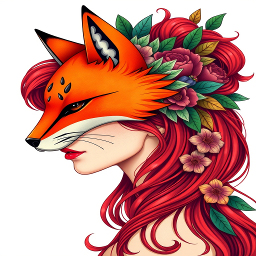 Create a vibrant and detailed illustration of a woman with red hair featuring a stylized orange fox mask on her head, showcasing intricate floral and leafy elements in her hair, captured with a high-resolution DSLR camera set to f/2.8 aperture, 50mm lens, natural light, side profile view, and enhanced color saturation for better image quality.