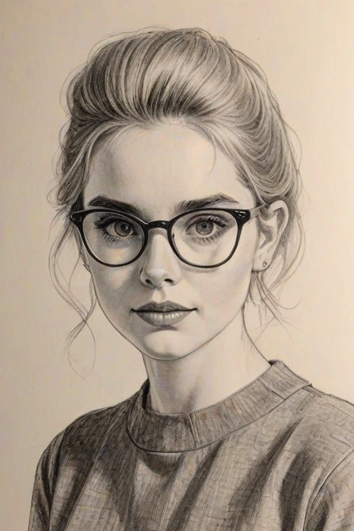Exquisite McKenna Grace, pencil sketch, portrait of Bewitching woman 1958s in glasses, hair style beatnik, outline, clear lines, fine lines, 8k