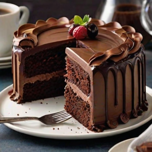 Generate an image of a rich chocolate cake with multiple layers. The cake should be decorated with swirls of chocolate frosting and topped with elegant chocolate shards. A slice of the cake should be cut out, showcasing the moist layers inside. The setting should be a beautifully arranged dessert table with a shiny platter.