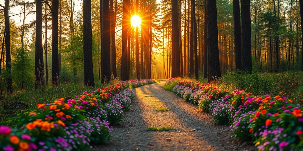 a serene forest path with vibrant flowers on either side under golden sunlight filtering through tall trees, shot with a Canon EOS R5, 50mm lens, f/1.8, ISO 100, at sunrise, using a shallow depth of field for a dreamy effect