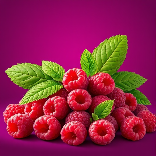 Create a vibrant illustration of a pile of fresh raspberries with lush green leaves against a rich purple background, using a Canon EOS 5D Mark IV camera, 50mm lens, aperture f/2.8, ISO 100, and natural lighting for enhanced color depth and detail.