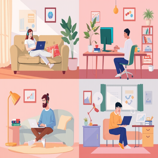 Create a high-resolution illustration depicting four diverse scenarios of remote work: a person relaxing on a couch with a laptop and headphones, another individual focused at a desk with a computer and a pet, a third person engaged in a virtual meeting, and a fourth individual analyzing data, with a bright color palette, natural light, and a warm, inviting atmosphere; shot with a Canon EOS R5, 35mm lens, f/2.8 aperture, ISO 100, and natural light settings.