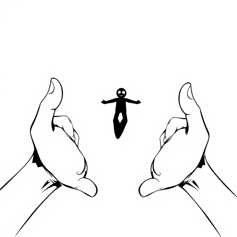 Create a minimalist black and white illustration featuring a small human figure held in open hands, use a high-resolution digital camera setting of 300 DPI, with a top-down view and a vector art style to enhance clarity and detail.