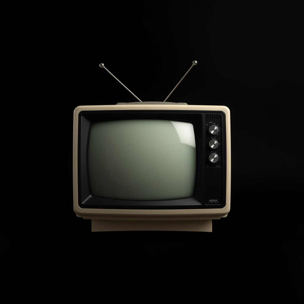 Generate a minimalist image of a vintage television set on a plain black background, using a DSLR camera with a 50mm lens, f/2.8 aperture, ISO 100, and a shallow depth of field for enhanced focus on the television set.