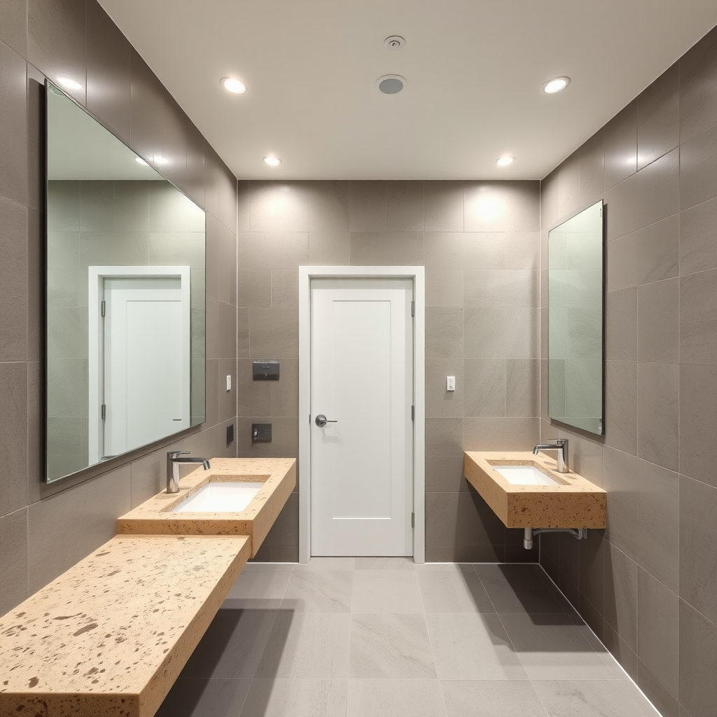 Public bath, basins of Beige granite, large mirror, white door without window, hidden lights in the ceiling walls, gray ceramic walls
