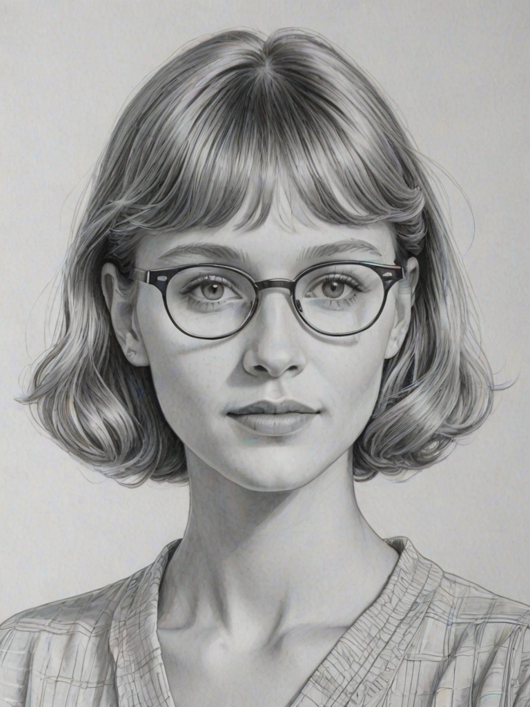Graceful Grace VanderWaal, pencil sketch, portrait of Radiant woman 1942s in glasses, hair style beatnik, outline, clear lines, fine lines, 8k