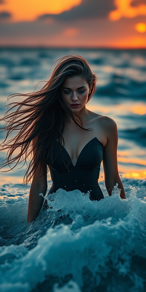 Create an image of a mysterious woman with flowing hair standing in tumultuous water at sunset, capturing intense emotion with dramatic lighting, using a Canon EOS R5, 24mm lens, f/2.8 aperture, ISO 100, at a shutter speed of 1/100s, in a high dynamic range style.