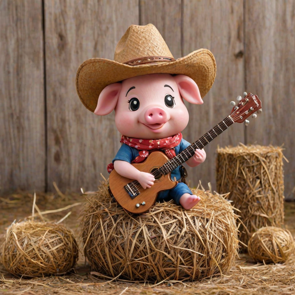 A chibi pig, dressed as a cowboy, playing guitar, sitting on a hay bale