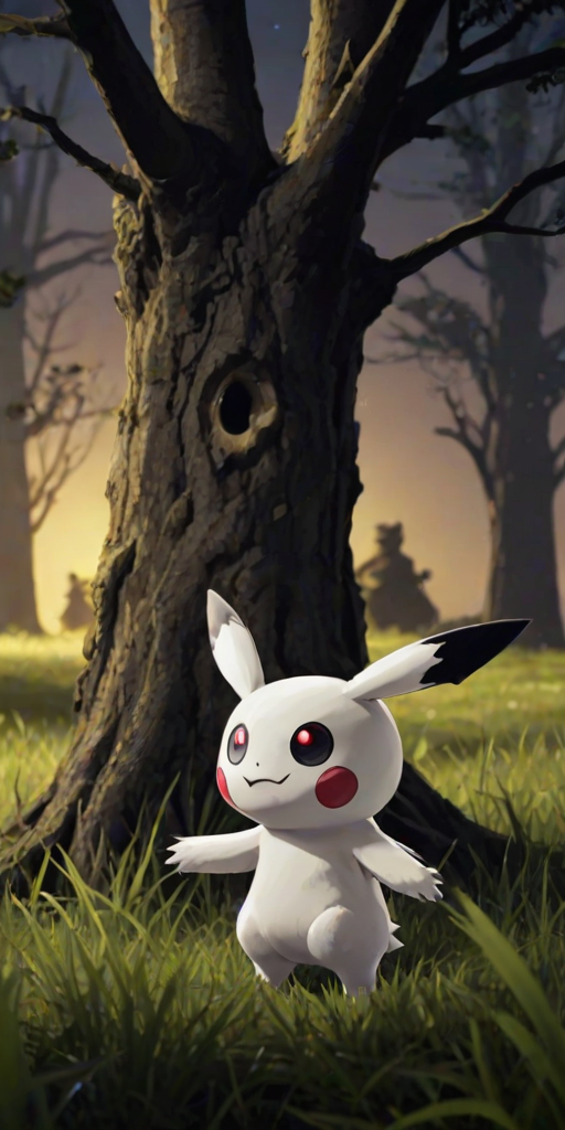 no humans, solo, pokemon (creature), no humans, animal focus, mimikyu, full body, standing, outdoors, grass, black eyes, tree, nature, forest, night