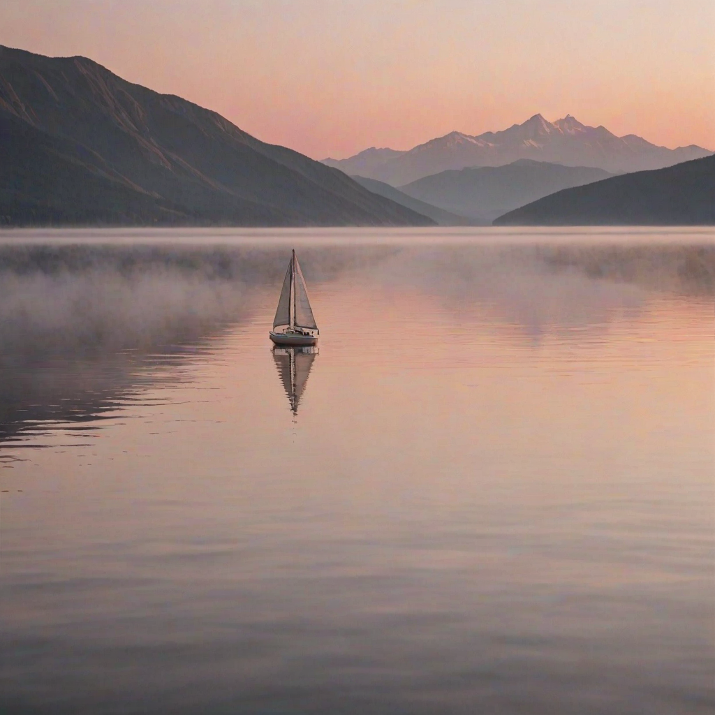 Softly focused image of a sailboat drifting peacefully on a calm lake at sunset, the water reflecting soft shades of pink and orange, with distant mountains barely visible through the evening mist.