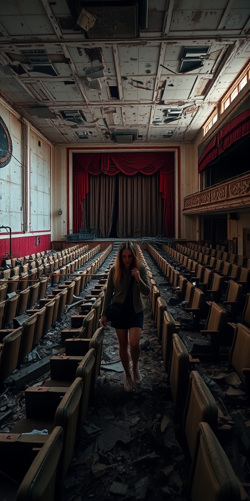Old abandoned theater, with broken seats and torn curtains, a woman with a camera carefully steps through the debris, capturing the decaying beauty of the forgotten space.