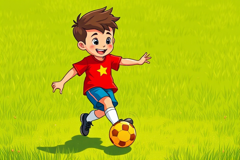 Create an illustration of a cheerful cartoon boy playing soccer, wearing a red shirt with a yellow star, blue shorts, and kicking a yellow soccer ball, set in a bright green grassy field, with high-resolution, vibrant colors, using a DSLR camera, f/8 aperture, ISO 400, 35mm lens, natural lighting, and a slightly elevated angle to capture the action.