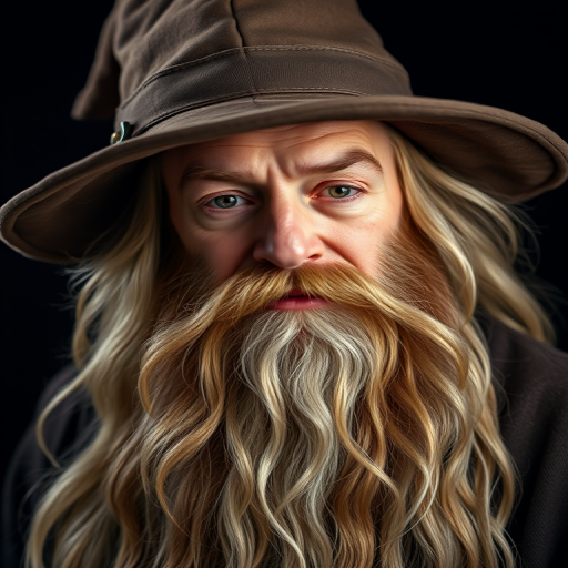 highly detailed portrait of a wizard with a long beard and pointed hat, soft lighting, 50mm lens, f/1.8 aperture, ISO 200, studio setting, focus on facial features and textures, dark background for contrast