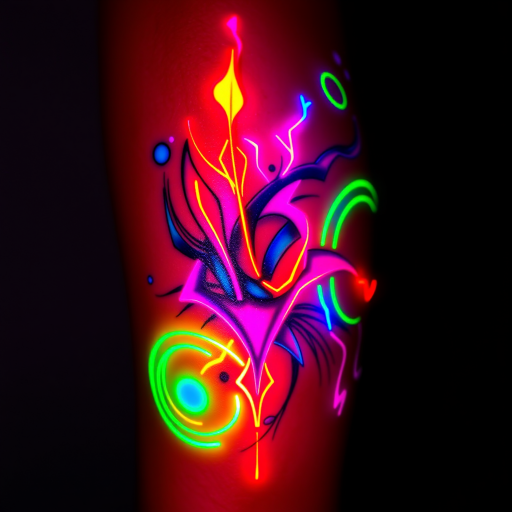 Neon color tattoo called "Electric Dreams" showcasing bright, glowing colors that seem to pulse with energy, depicting abstract shapes and swirls that appear to illuminate the skin like a neon sign