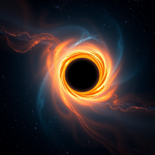 Generate a high-resolution image of a black hole with an accretion disk, vibrant colors of orange and blue, against a backdrop of stars and galaxies, using a 50mm lens, f/1.8 aperture, ISO 100, shot in astrophotography style with a full-frame DSLR camera.