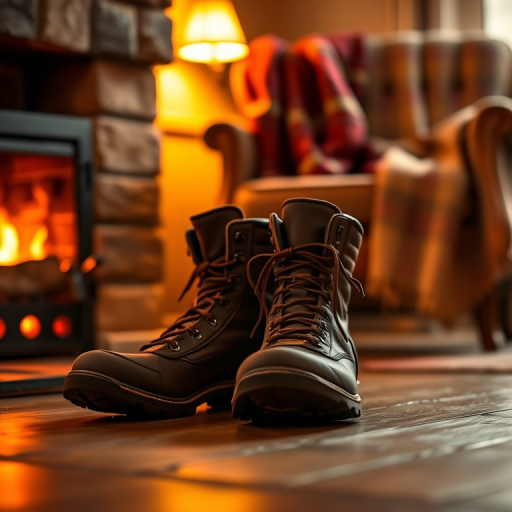 Warmly lit photo of a pair of worn leather hiking boots resting by a fireplace, soft golden light illuminating the room, with a cozy blanket draped over a chair in the background.