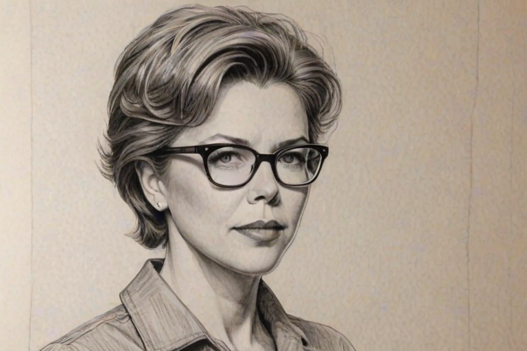 Wonderful Annette Bening, pencil sketch, portrait of Bewitching woman 1960s in glasses, hair style beatnik, outline, clear lines, fine lines, 8k