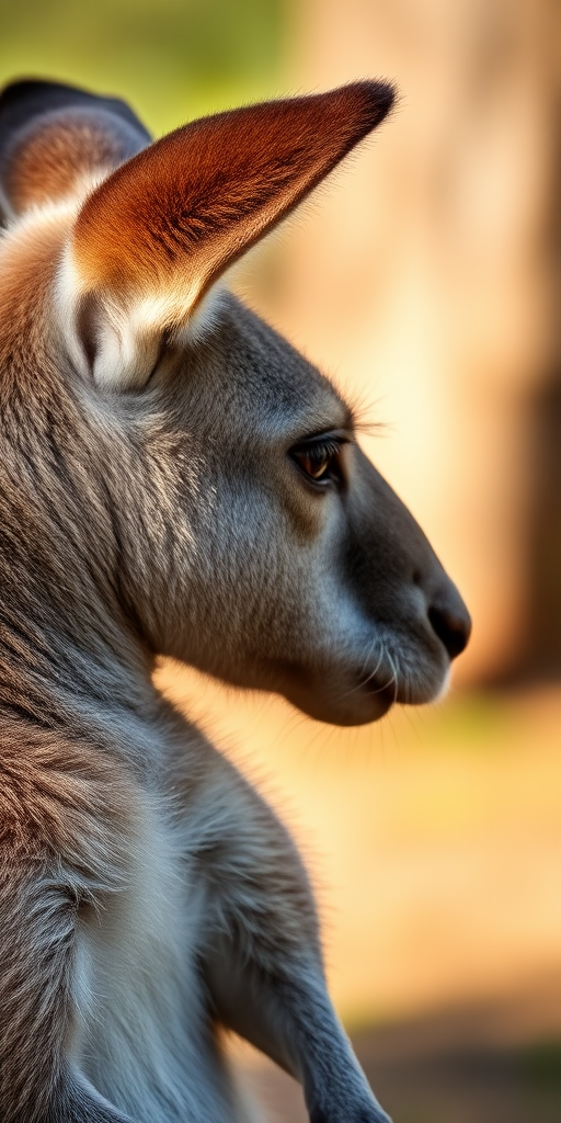 Capture a close-up of a kangaroo's profile in natural light, using a DSLR camera with a 50mm lens, aperture set to f/1.8 for a shallow depth of field, ISO 200, and a shutter speed of 1/200s to ensure sharpness and vibrant colors.