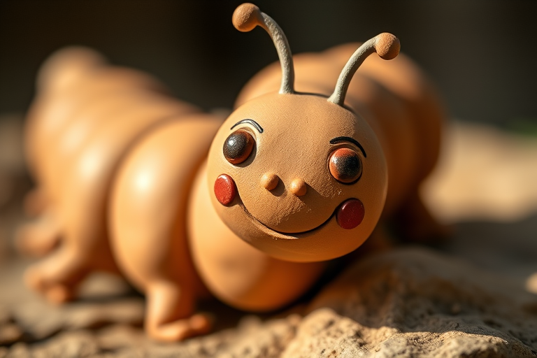 Create a highly detailed close-up image of a whimsical clay caterpillar sculpture with a smooth texture and a friendly smile, shot with a 50mm lens at f/2.8, ISO 100, and 1/125s in natural lighting, emphasizing the earthy colors and craftsmanship.