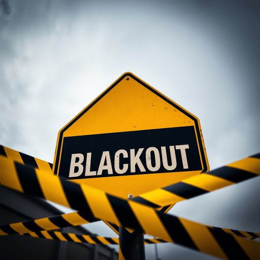 Create an image of a caution sign labeled "BLACKOUT" with a yellow background, surrounded by yellow and black striped caution tape, using a DSLR camera with a 50mm lens, f/2.8 aperture, ISO 100, and a 1/125s shutter speed, shot in a dramatic low angle view with a shallow depth of field for a striking effect.