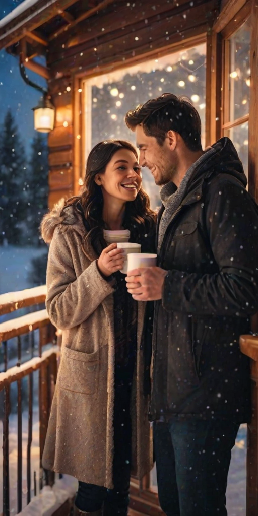 Warmly lit image of a couple sipping hot cocoa on a snowy balcony, soft glow from string lights above, snow gently falling in the background, the smell of pine and fresh snow filling the air, a peaceful, quiet moment shared.