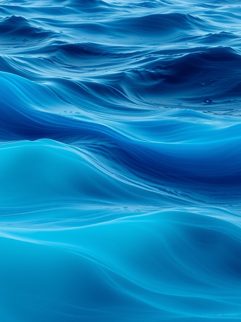 create an abstract image featuring smooth, flowing waves in varying shades of blue and teal, shot with a Canon EOS R5 at f/8, ISO 100, 1/125s, using a wide-angle lens from a slightly elevated angle for a dynamic composition.