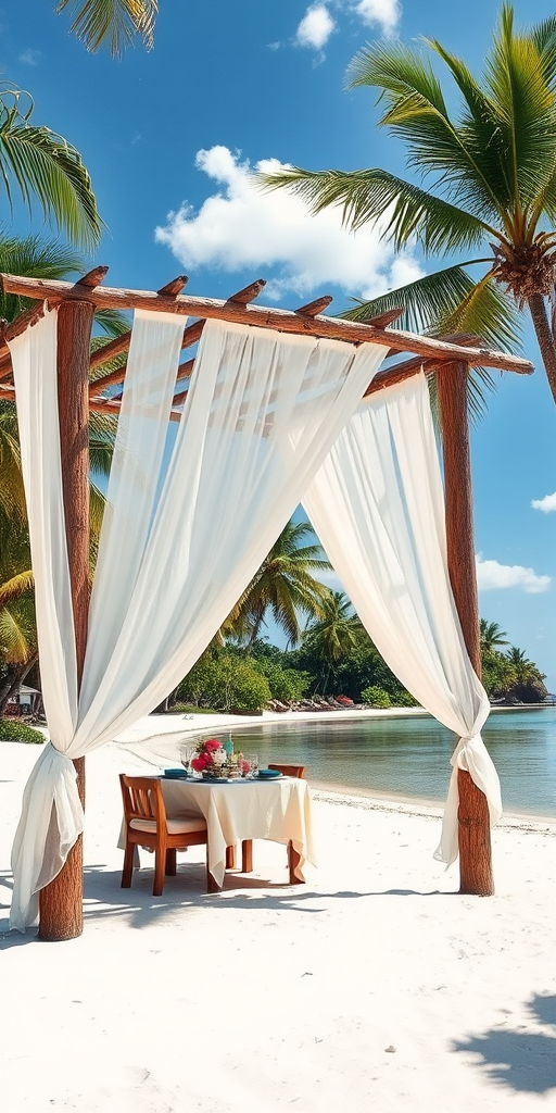 Create a picturesque tropical beach scene featuring a serene, white sandy shore. In the foreground, there's a rustic wooden canopy with white drapes gently flowing in the breeze. Underneath the canopy, a table is set with tropical decor, evoking a sense of relaxation and leisure. The beach extends into a calm, shallow water area with reflections of the sky and surroundings. Palm trees and lush greenery line the edge of the beach, providing a natural, tropical backdrop. The sky is clear with a few scattered clouds, and the overall atmosphere is tranquil and inviting, perfect for a peaceful retreat.