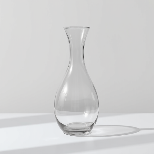 Create a minimalist image of a glass carafe with smooth contours and reflections, captured with a Canon EOS R5 camera, 50mm lens, f/1.8 aperture, ISO 100, using natural light to emphasize clarity and texture, shot from a slightly elevated angle for depth and focus on the carafe's design.