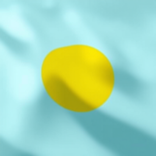 Create an image of the flag of Palau featuring a light blue background and a large yellow circle in the center, captured using a DSLR camera with a 50mm lens, f/2.8 aperture, ISO 100, and natural soft lighting for enhanced clarity and color vibrancy, taken at a straight-on view.
