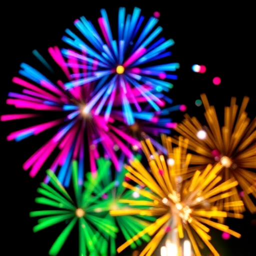 Create a vibrant fireworks display with colorful bursts in shades of blue, pink, green, yellow, and white against a black background, using a DSLR camera with a 50mm lens, f/2.8 aperture, ISO 100, and a slow shutter speed of 1/4 second for maximum detail and brightness in the colors.