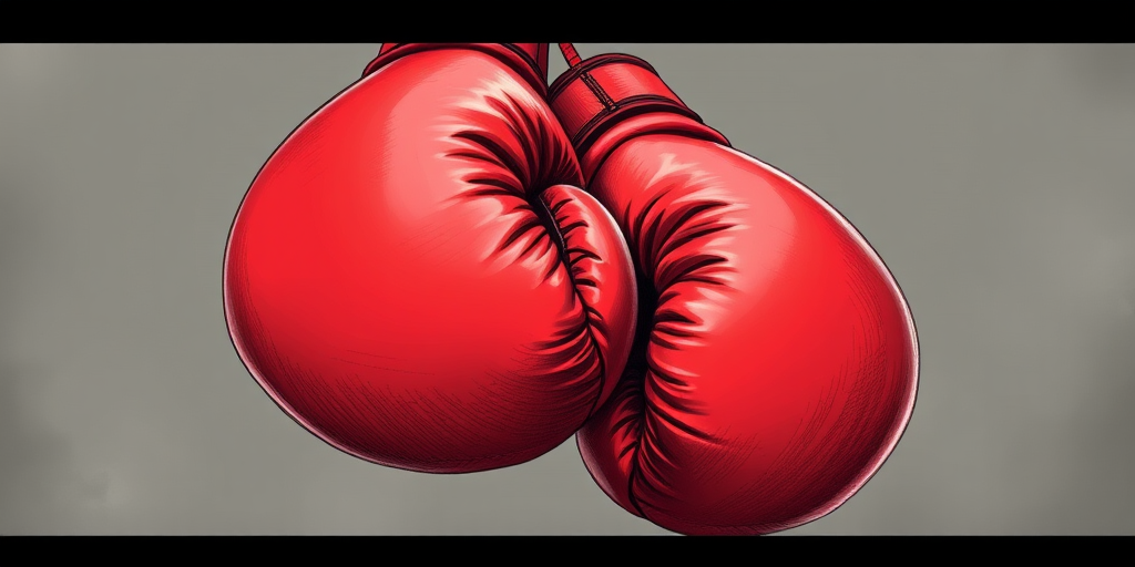 Create a detailed illustration of a pair of red boxing gloves with intricate stitching, use a DSLR camera with an aperture of f/2.8, a shutter speed of 1/100 second, and a focal length of 50mm, capturing the gloves from a slightly elevated angle with a soft-focus background to enhance image quality.