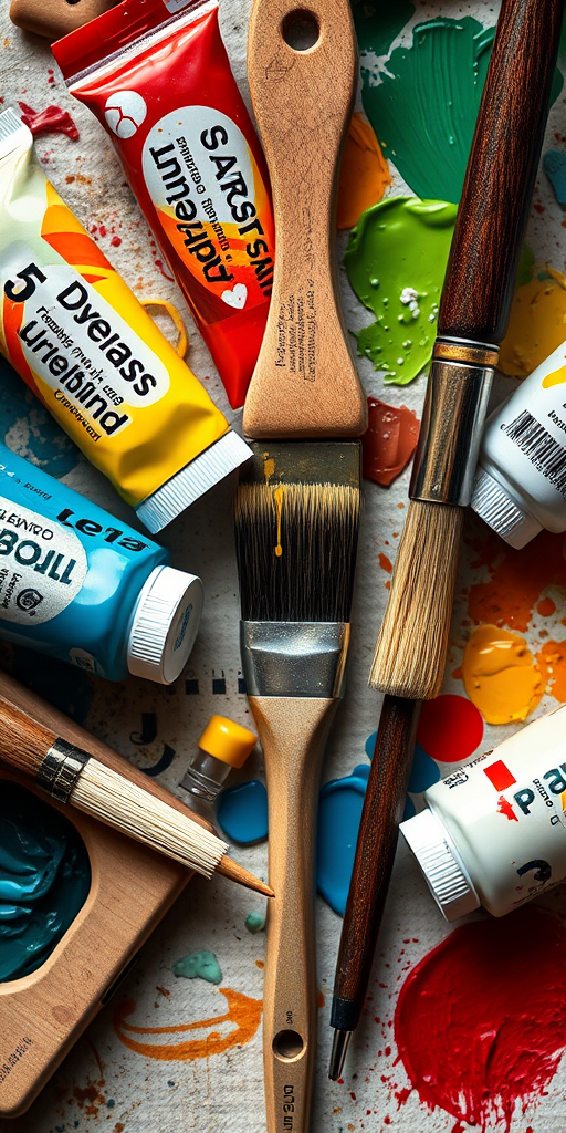 high-detail illustration of a painter's tools featuring opened paint tubes and a brush, top-down view, studio lighting, ISO 100, aperture f/8, shutter speed 1/60, DSLR camera, sharp focus on textures and colors