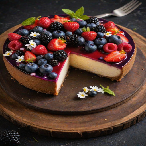 Create an image of a round cheesecake topped with an assortment of fresh berries, including blackberries and blueberries, along with small edible flowers. The cheesecake has a glossy berry glaze on top and is set on a rustic wooden surface against a dark background.