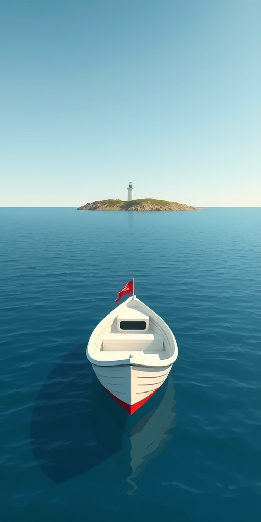 Create a serene illustration of a white boat with a red hat floating on calm blue waters, with a distant lighthouse in the background, using a wide-angle shot, captured on a digital camera with a 50mm lens, f/8 aperture, ISO 100, and settings for low contrast and soft shadows to enhance the minimalist style.