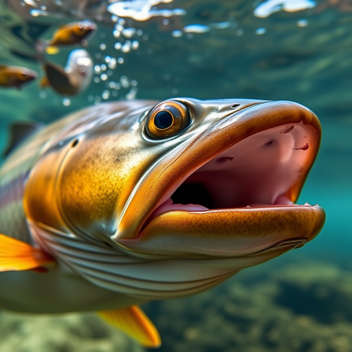 Underwater close-up of a trout with its mouth open, capturing intricate details of its scales and patterns, using a DSLR camera with a 100mm macro lens, aperture set to f/2.8, ISO 400, shutter speed 1/250s, natural lighting, and shallow depth of field for enhanced focus on the fish.