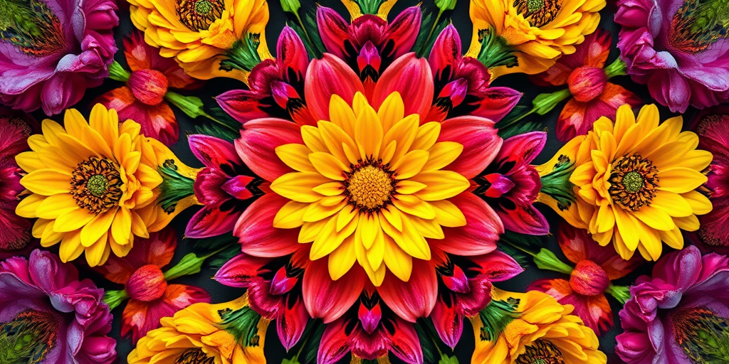 Create a vibrant floral pattern with intricate details and contrasting colors, shot with a Canon EOS R5, 35mm lens, f/8 aperture, ISO 100, and a top-down view to emphasize symmetry and texture.