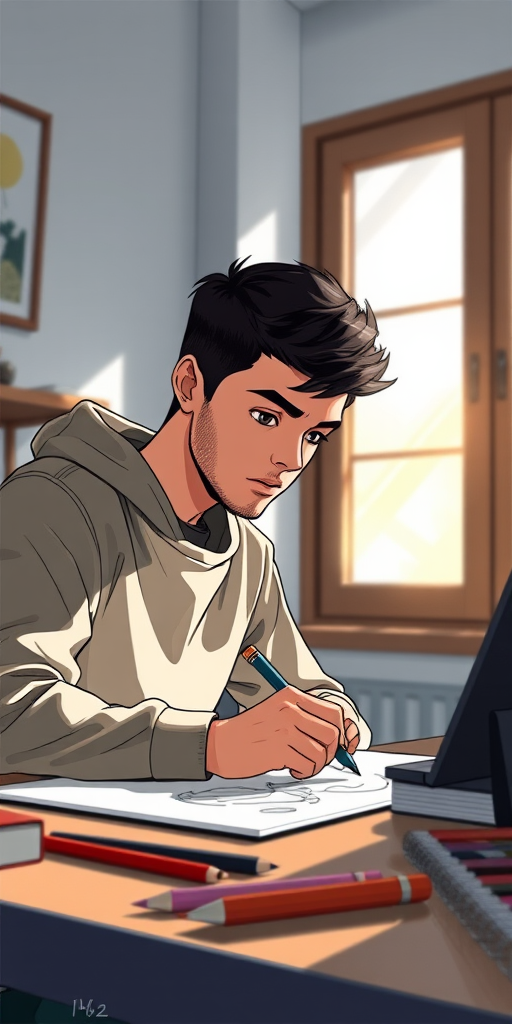 Create an illustration of a young man sitting at a desk focused on drawing, with natural light streaming in from a window, capturing details of his concentrated expression and the drawing on the table, use a high-resolution digital camera, ISO 100, aperture f/4, shutter speed 1/60s, 50mm lens, soft focus background for a professional look.